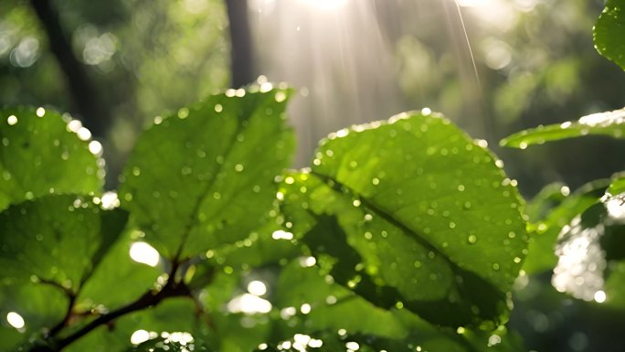 植物绿叶上的水滴雨露