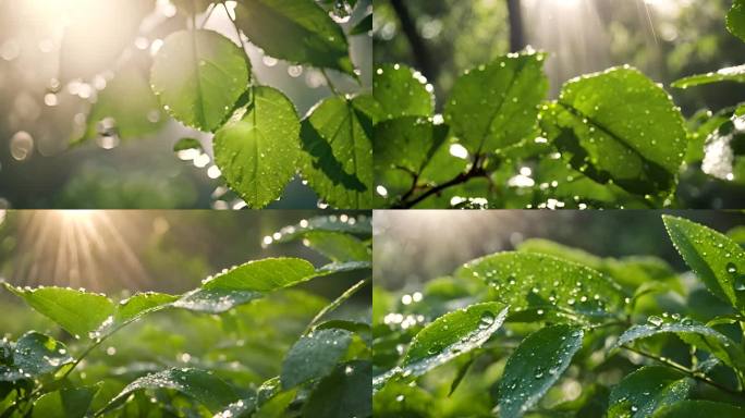植物绿叶上的水滴雨露