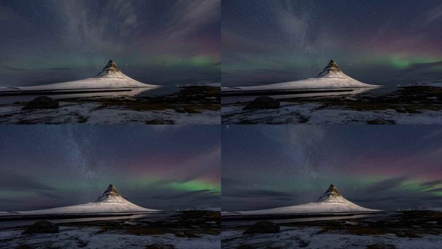 冰岛冬季冰湖斯奈山半岛草帽山极光延时