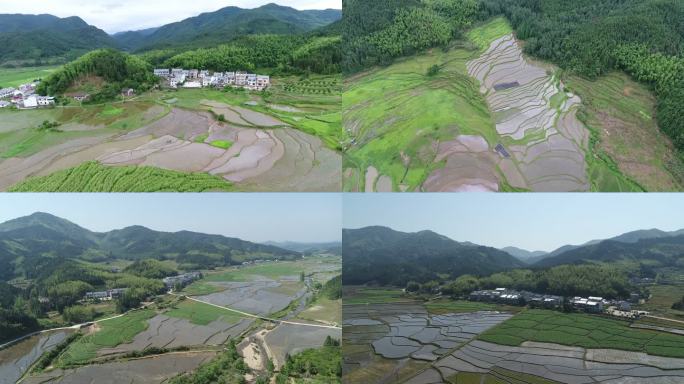 航拍江西村庄景色 高山水田