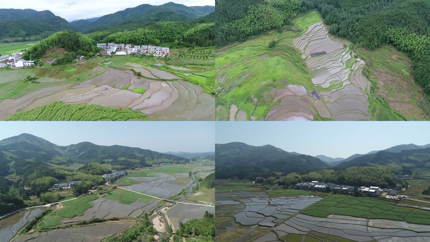 航拍江西村庄景色 高山水田