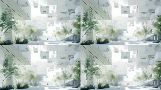 白色建筑立方体清新绿植概念场景