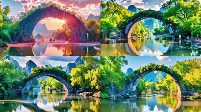 桂林古石桥河水清澈倒影两岸风景如诗如画2