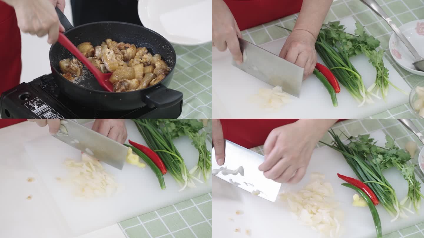 美食节目做菜过程实拍切菜炒肉平底锅素材