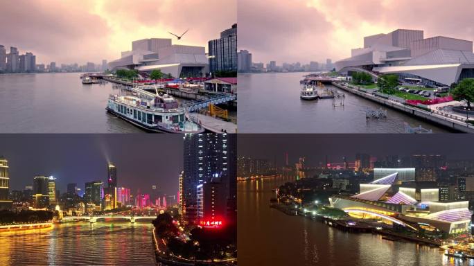 航拍珠江渡轮和广州大湾区艺术中心亮灯