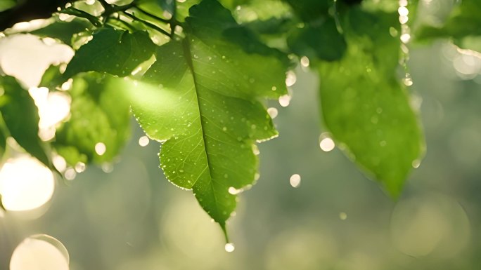 水滴滴落在植物叶片上