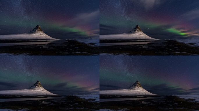 冰岛冬季冰湖斯奈山半岛草帽山极光延时