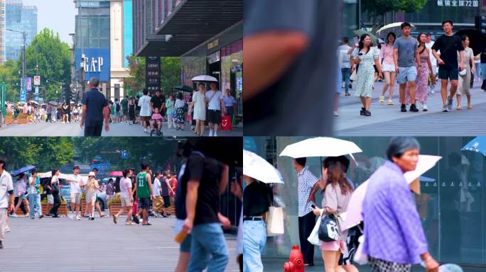 城市夏天暑假酷暑高温炎热街道人群人流街景