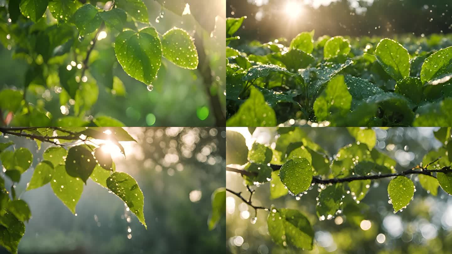 阳光照射在绿叶上 水滴水滴