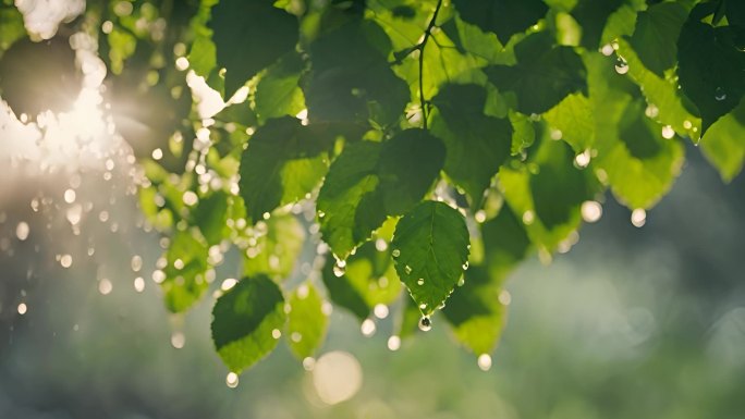 阳光照射在植物绿叶上 水滴雨露