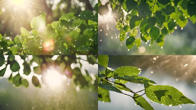 阳光照射在植物绿叶上 水滴雨露