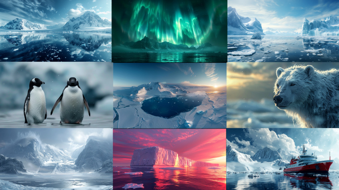 北极南极景色 极地景色 企鹅极光科考浮冰