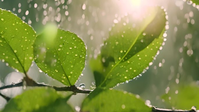 清晨阳光下的绿叶 水滴雨露