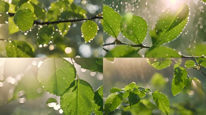 清晨阳光下的绿叶 水滴雨露