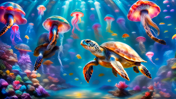 AI海底世界 水母 乌龟