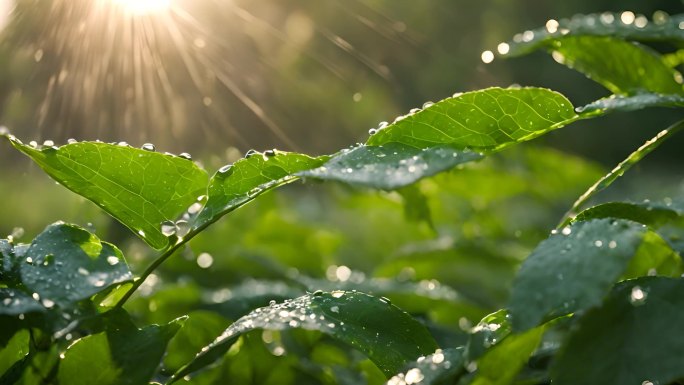 阳光照在植物绿叶上