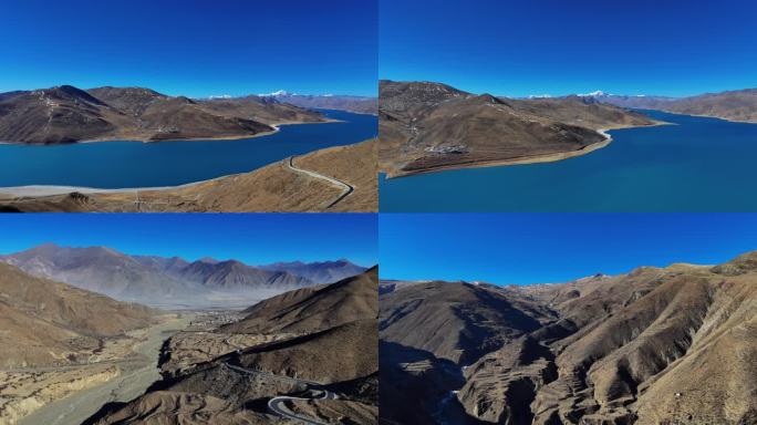航拍西藏蓝天湖泊雪山河谷