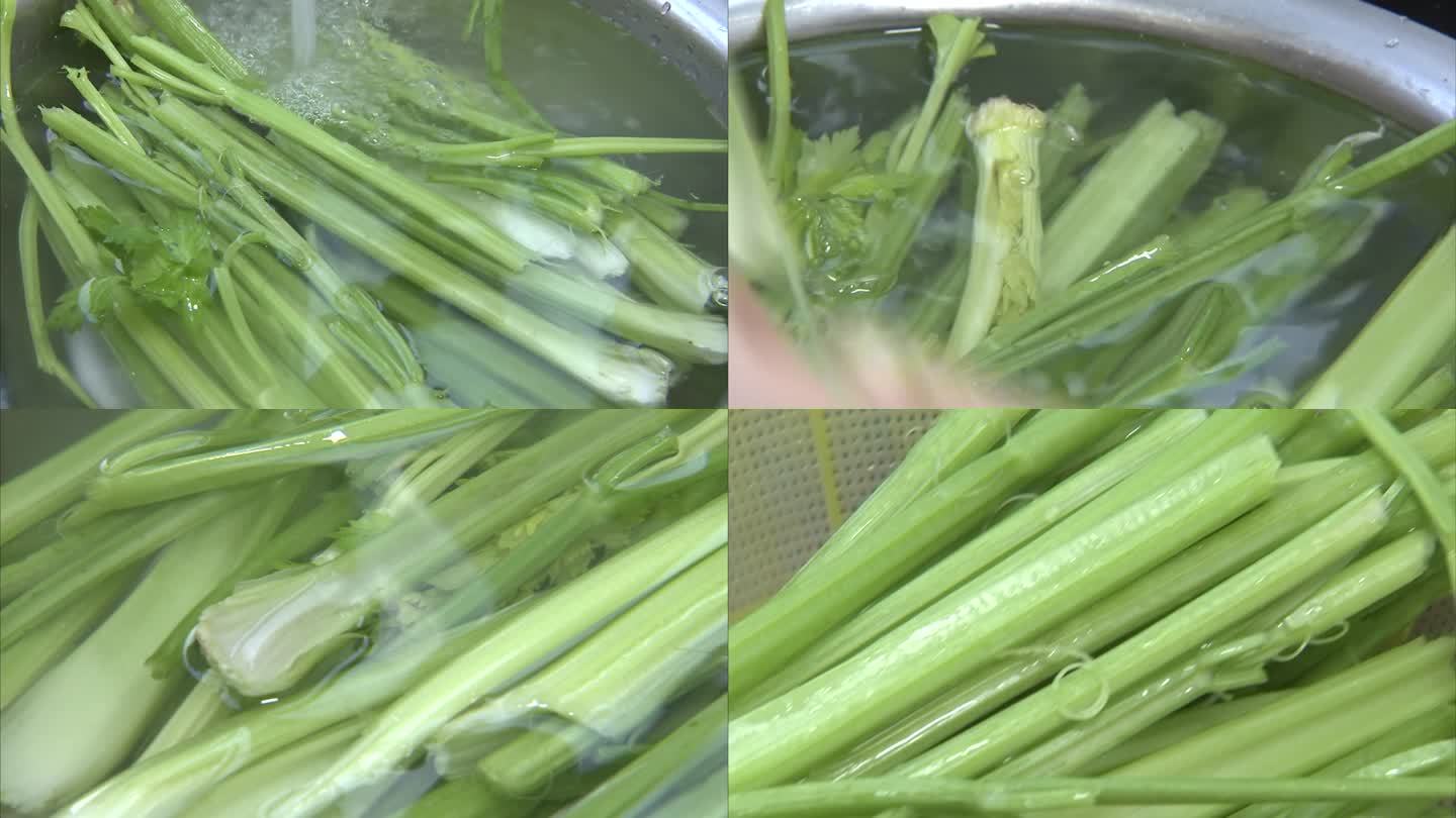 淘米水 清洗芹菜茎秆 清水冲洗 沥干水分