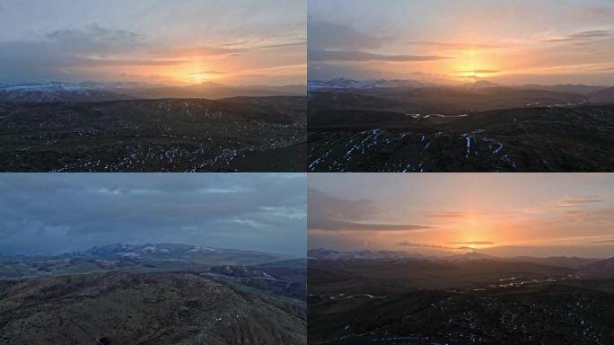 甘南碌曲草原雪山河流落日夕阳航拍