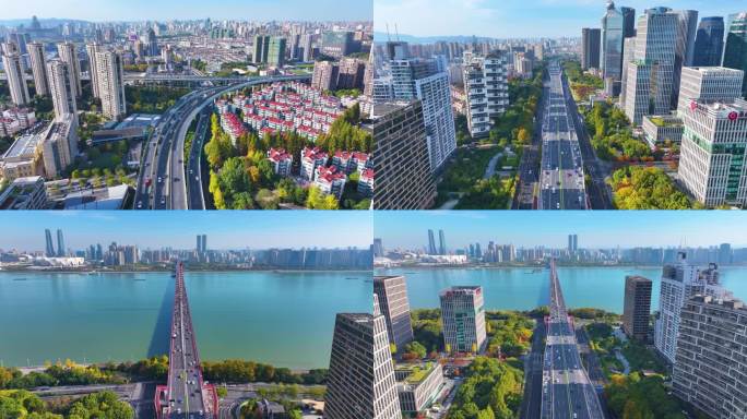 杭州秋石高架路航拍上城区高楼大厦车流交通