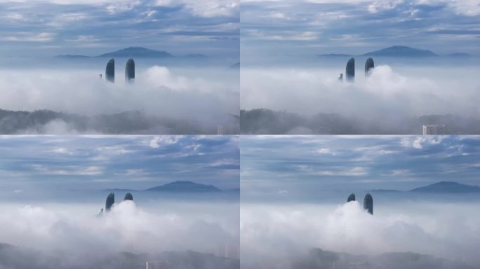 平流雾下的双子塔4K航拍