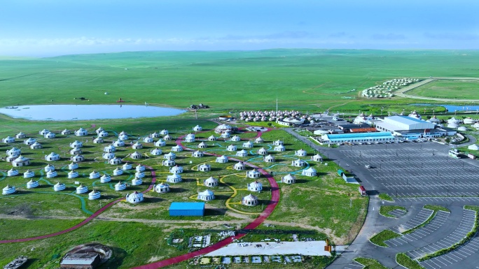 航拍动态内蒙古大红山草原蒙古包非物质文化