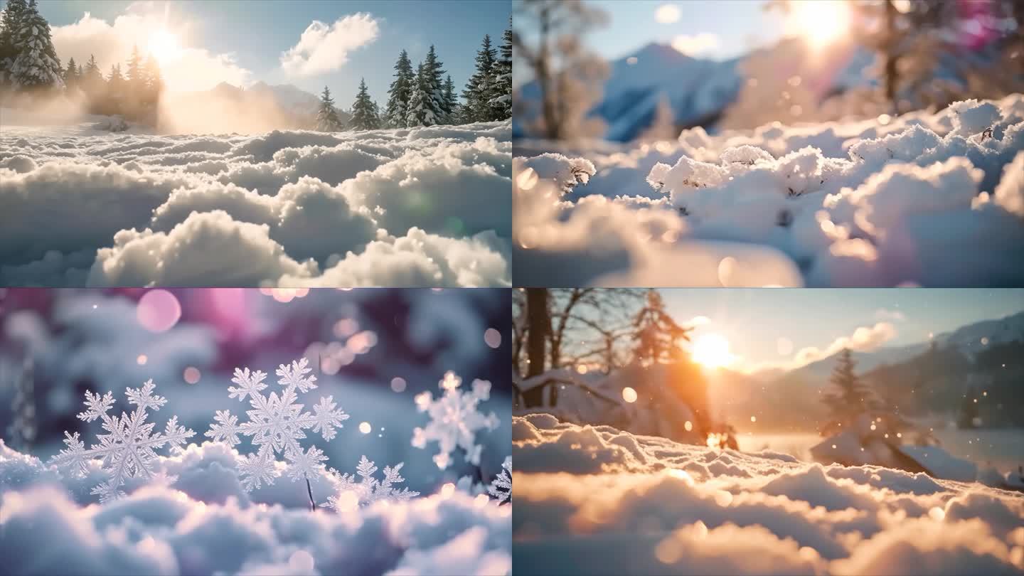 冬天雪花雪景下雪天冰晶雪花特写空镜头唯美