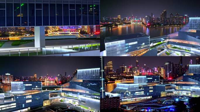 航拍广州大湾区艺术中心亮灯和珠江夜景