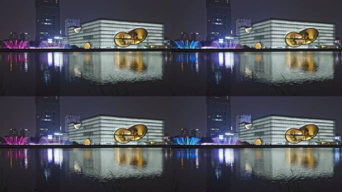 上海嘉定新城上海保利大剧院夜晚水景光影秀