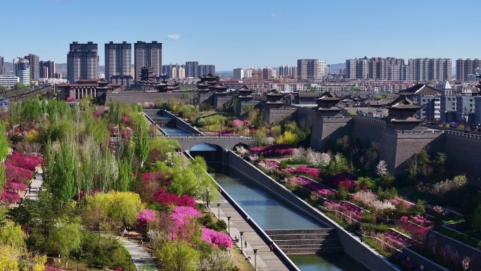 大同古城城墙生态园春景航拍