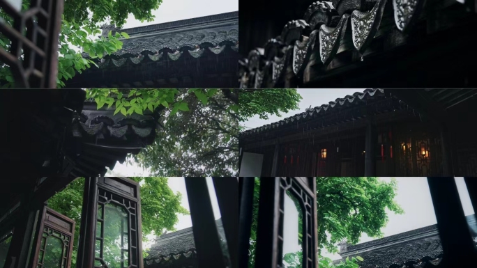 4K江南烟雨 中国风古建筑 屋檐滴水空镜