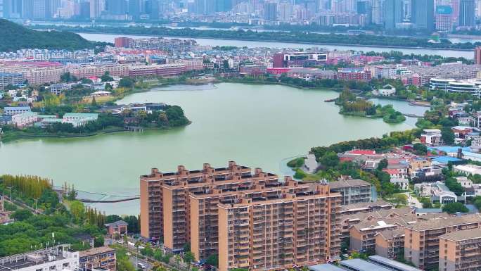 湖南长沙湘江江滩公园后湖航拍橘子洲风景岳