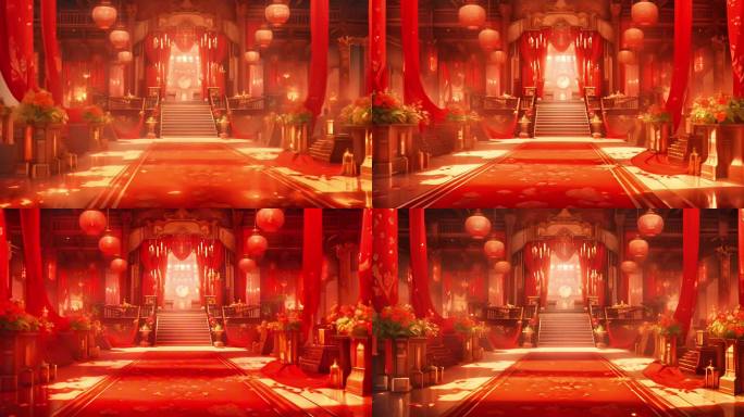 宏伟大厅红色装饰灯笼地板精致雕刻柱子墙壁