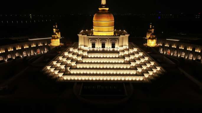 武汉江夏莲华寺寺庙建筑夜景灯光航拍1