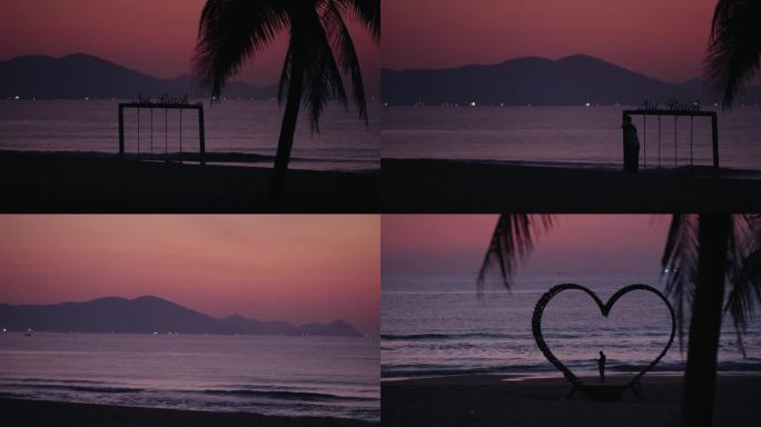 晨光 日出前 海边椰树剪影 氛围拉满