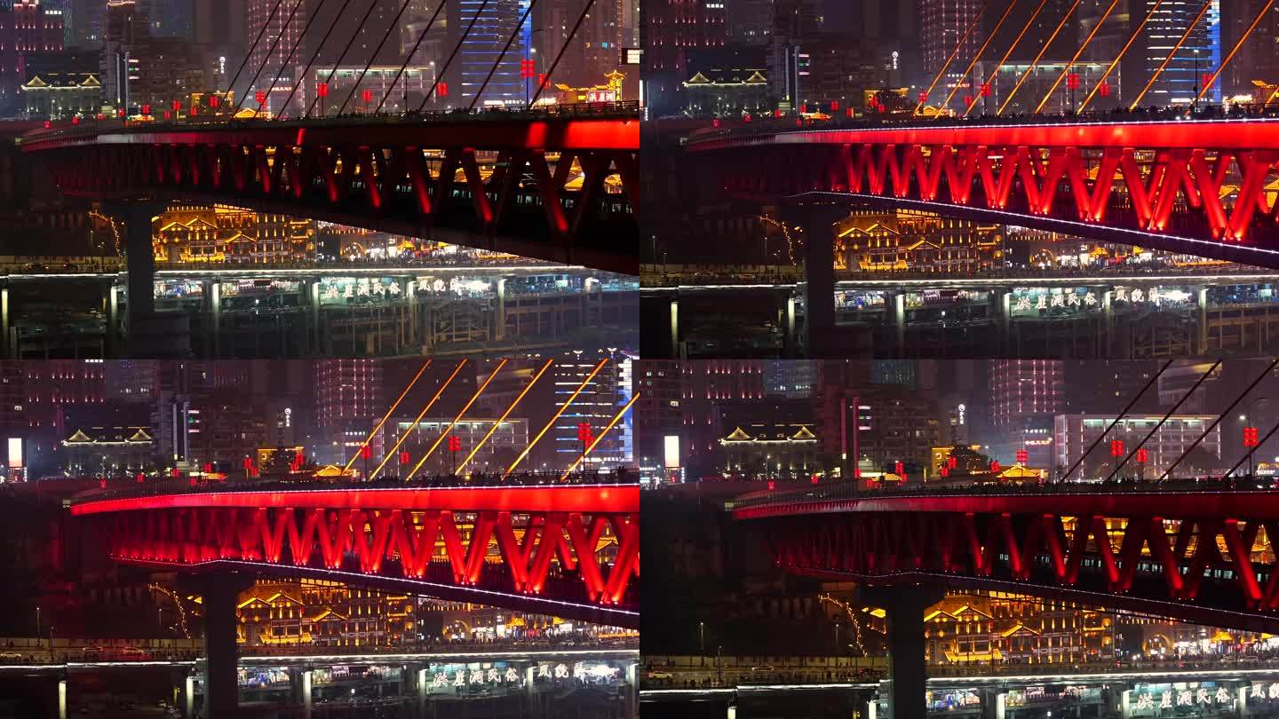 重庆千厮门大桥轻轨穿桥夜景航拍4k