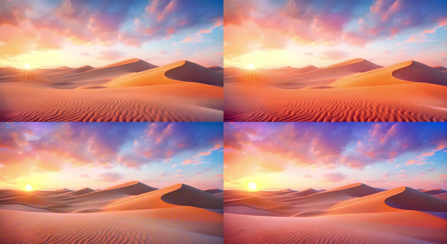 沙漠景观落日沙丘粉蓝天空云彩映射橙光场景