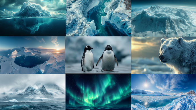 极地景色 南极北极全景 北极熊企鹅 极光