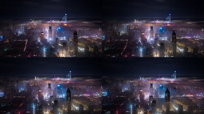 上海夜景 云雾 穿越云层 4k 航拍延时