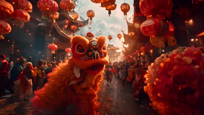 中国红舞狮，喜庆氛围