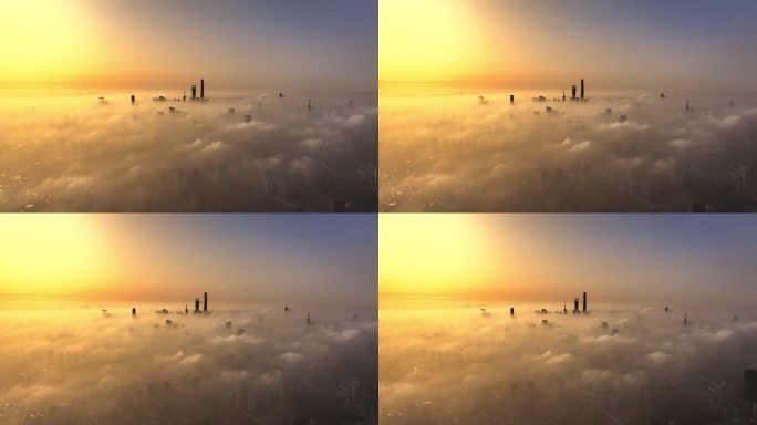 上海日出 晨雾 陆家嘴 城市天际线 航拍