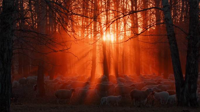 日落牧羊呼伦贝尔羊骑马放羊林中穿梭
