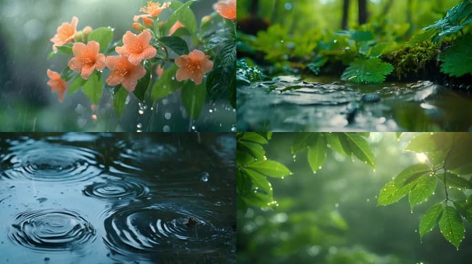 四季下雨夏天雨季屋檐雨水特写瀑布