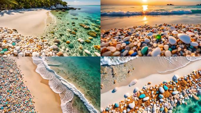 海滩 彩色的石头 浪花 夕阳  海面