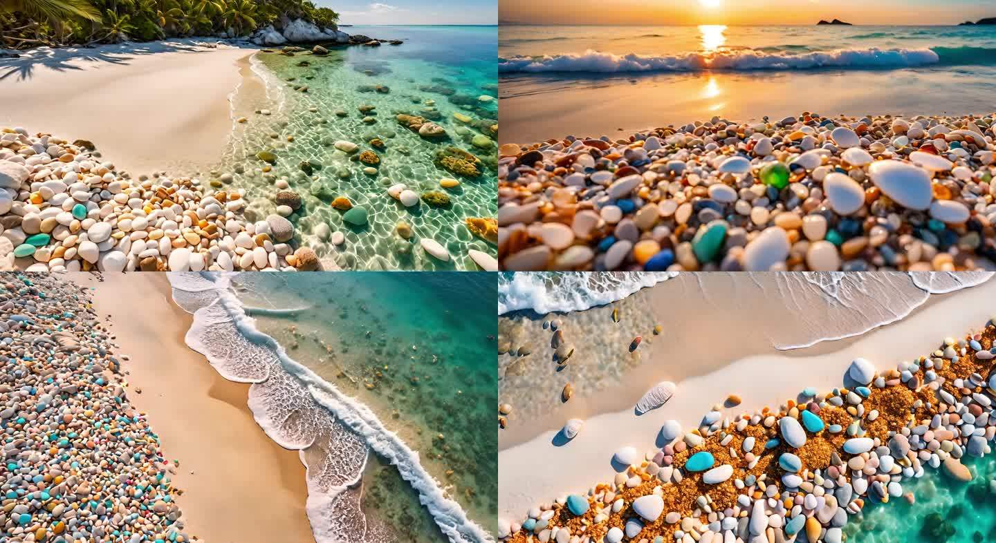 海滩 彩色的石头 浪花 夕阳  海面