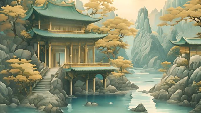 中式水彩画建筑背景倒影
