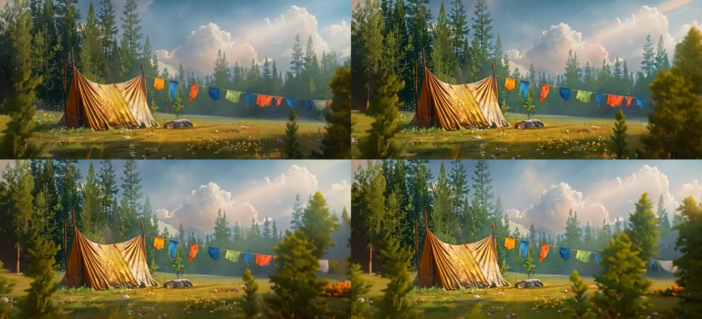 野营帐篷森林彩旗
