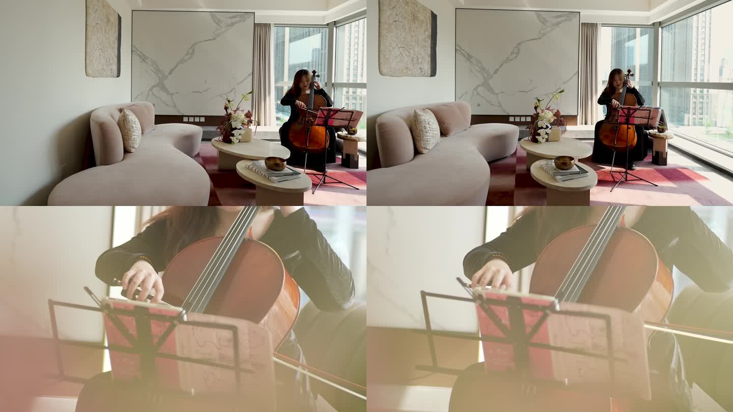 女士练习大提琴样板间内拉提琴高级感镜头