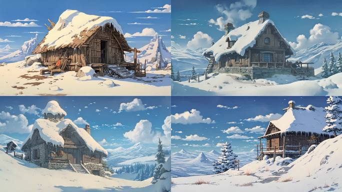 宫崎骏风格的冬季童话：白雪覆盖的小木屋