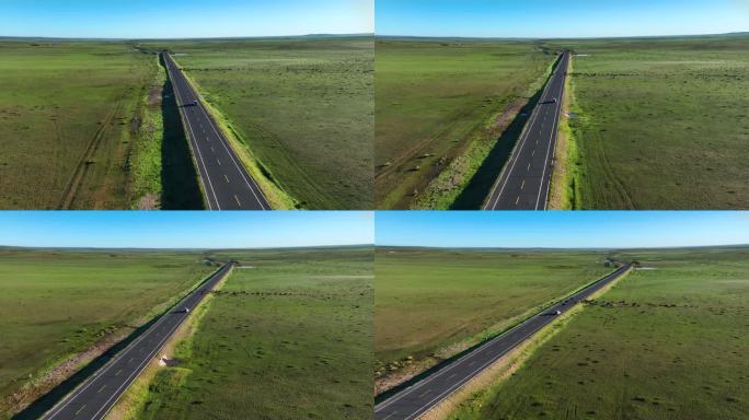 公路行驶车辆航拍动态内蒙古大红山草原美景